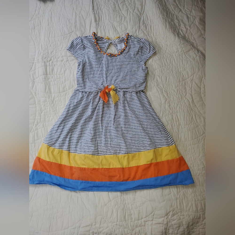Jona Michelle Striped Dress with Blue, Yellow, and Orange Accents